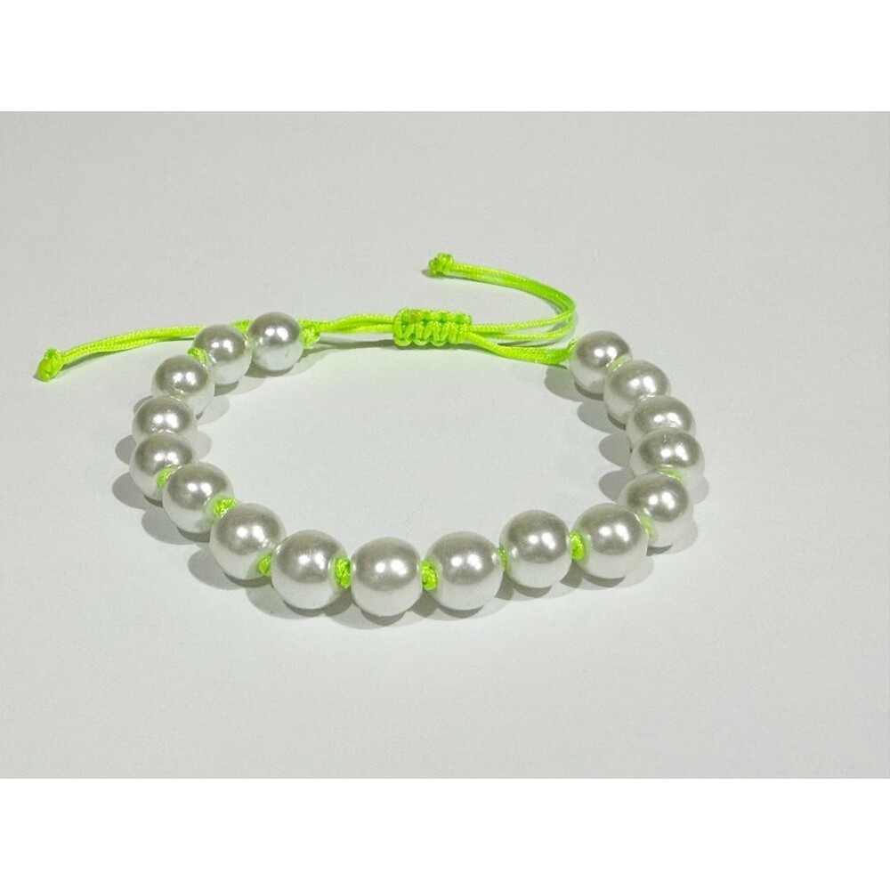 White Beaded Bracelet Green Adjustable Handmade Boho - Picture 3 of 9